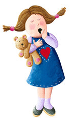 Sleepy little girl with wide open mouth yawning eyes closed holding teddy bear, looking bored isolated on white background