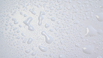 Water drops blotches and spray desinfection on a white surface background