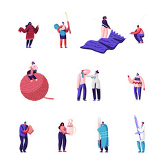 Knitting Hobby, Sickness Concept Set. Girls with Knitting Needles and Clew Knit Warm Clothes. Sick People with Flu Symptoms Visit Doctors in Hospital for Treatment Cartoon Flat Vector Illustration