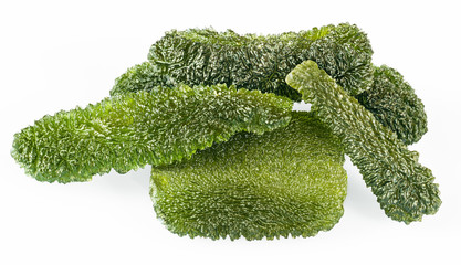 Moldavites collection. Rare green gems of cosmic origin isolated on a white background. Vitreous...