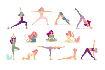 Collection of young woman performing physical exercises. Bundle of female cartoon character demonstrating various yoga positions isolated on light background. Colorful flat vector illustration