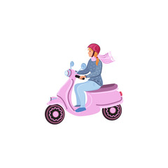 Woman riding on a motorbike. Vector illustration in a flat cartoon style.