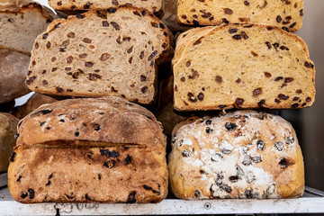 Artisan bread made from cornmeal with raisins and rye flour with raisins. Spain