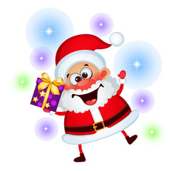 Cute Santa Claus with gift box isolated on a white background. Sketch of Christmas festive poster, party invitation, other holiday card. Vector cartoon close-up illustration.