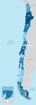Chile vector map with separated regions and capitals. Includes Antarctic territories.