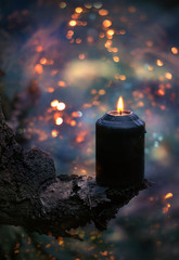 abstract dark Halloween Background. mysterious blurred forest backdrop with witchcraft fire...