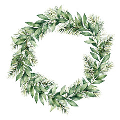Watercolor winter wreath with eucalyptus and fir branch. Hand painted eucalyptus leaves and pine needle isolated on white background. Holiday floral illustration for design, print or background. © yuliya_derbisheva
