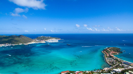 High Beautiful Aerial view of the island of Sint Maarten. Cruise port on point blanch.