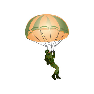 A paratrooper in a military uniform flies with a parachute. Vector illustration in a flat cartoon style.