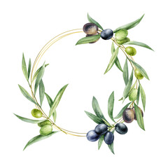Watercolor illustration decorative wreath of twigs with olives collected in a composition on a...