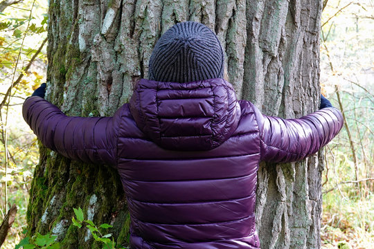 Woman with purple jacket hugging a big tree. Rear view close up image.