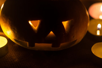 A terrible pumpkin glows in the night. halloween