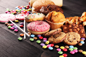 Unhealthy products. food bad for figure, skin, heart and teeth.
