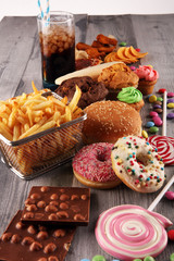 Unhealthy products. food bad for figure, skin, heart and teeth.