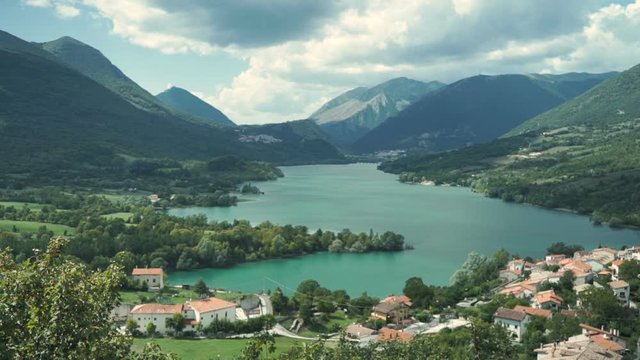 Wide Angle of a Lake in the Middle of Mountains in Scanno, Italy.