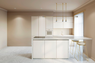 Beige modern interior kitchen with breakfast bar and empty wall. 3d illustration