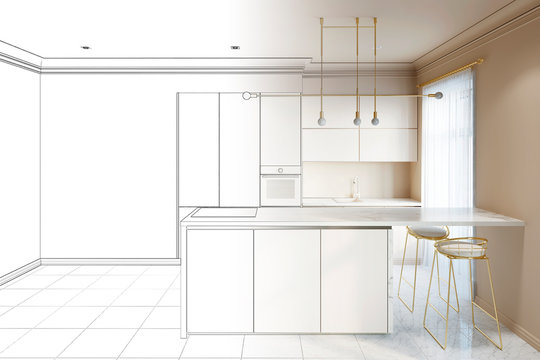 Sketch of a modern interior kitchen with breakfast bar and the empty wall became real interior. 3d illustration