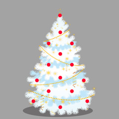 White Christmas tree with beads, baubles, sparkling flecks isolated on grey background. Sample of poster, party holiday invitation, festive banner, card. Vector cartoon close-up illustration.