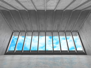 Concrete room wall construction on cloudy sky background