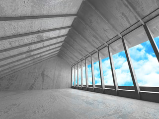Concrete room wall construction on cloudy sky background