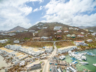 Aerial view of damage cause by hurricane Irma to homes and buildings on oyster pond st.maarten