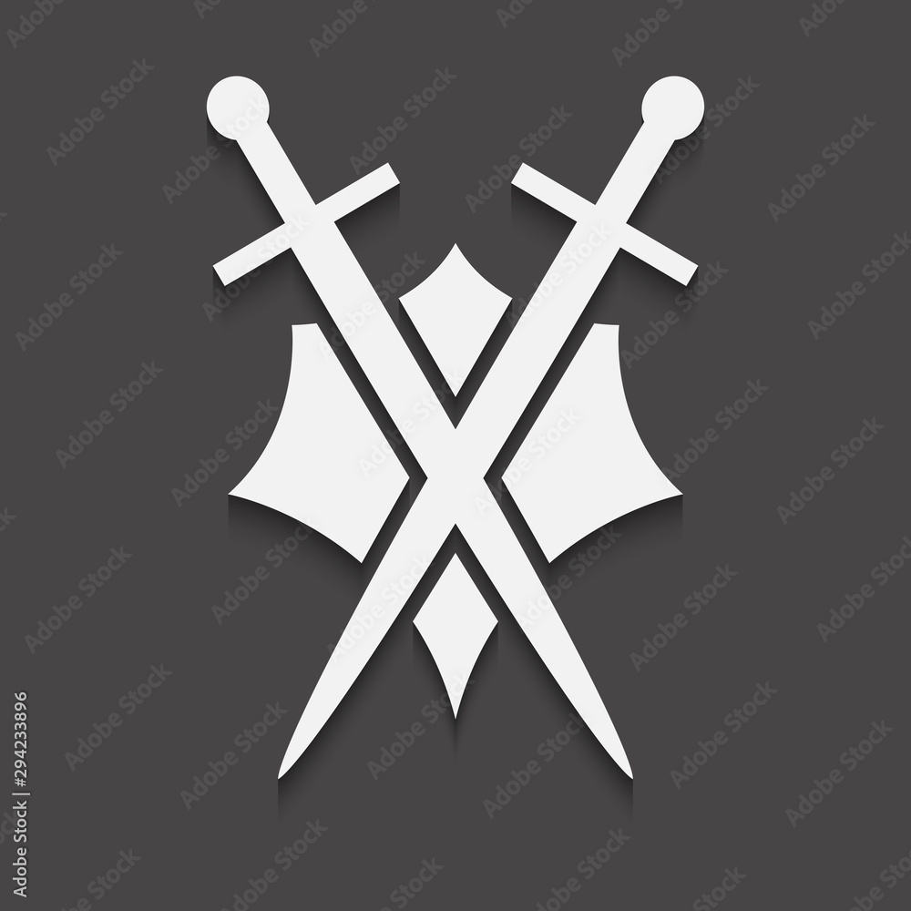 Poster shield and sword icon on a black background with shadow.