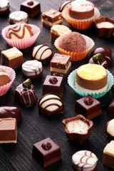 a lot of variety chocolate pralines, belgian confectionery gourmet chocolate.