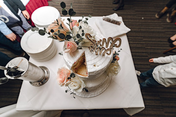 Wedding ceremony. Beautiful pie on the table. Elegant cake decorated with white and pink roses and eucalyptus. Brides cut cake together. Sliced wedding cake in close-up.