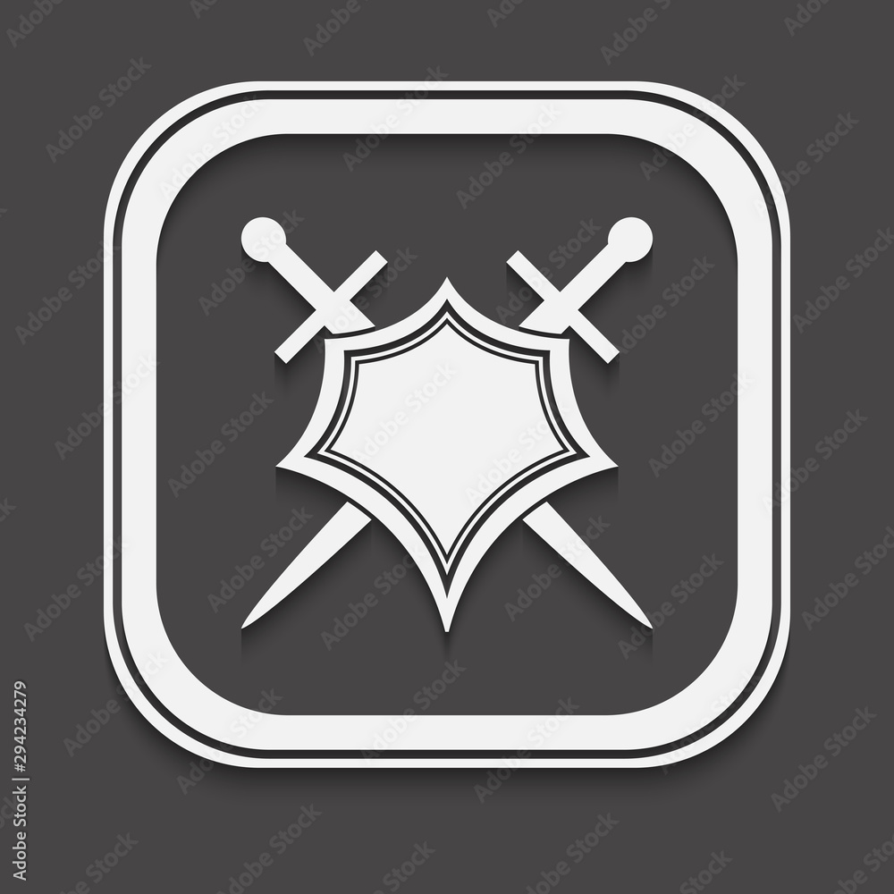 Poster shield and sword icon on a black background with shadow.