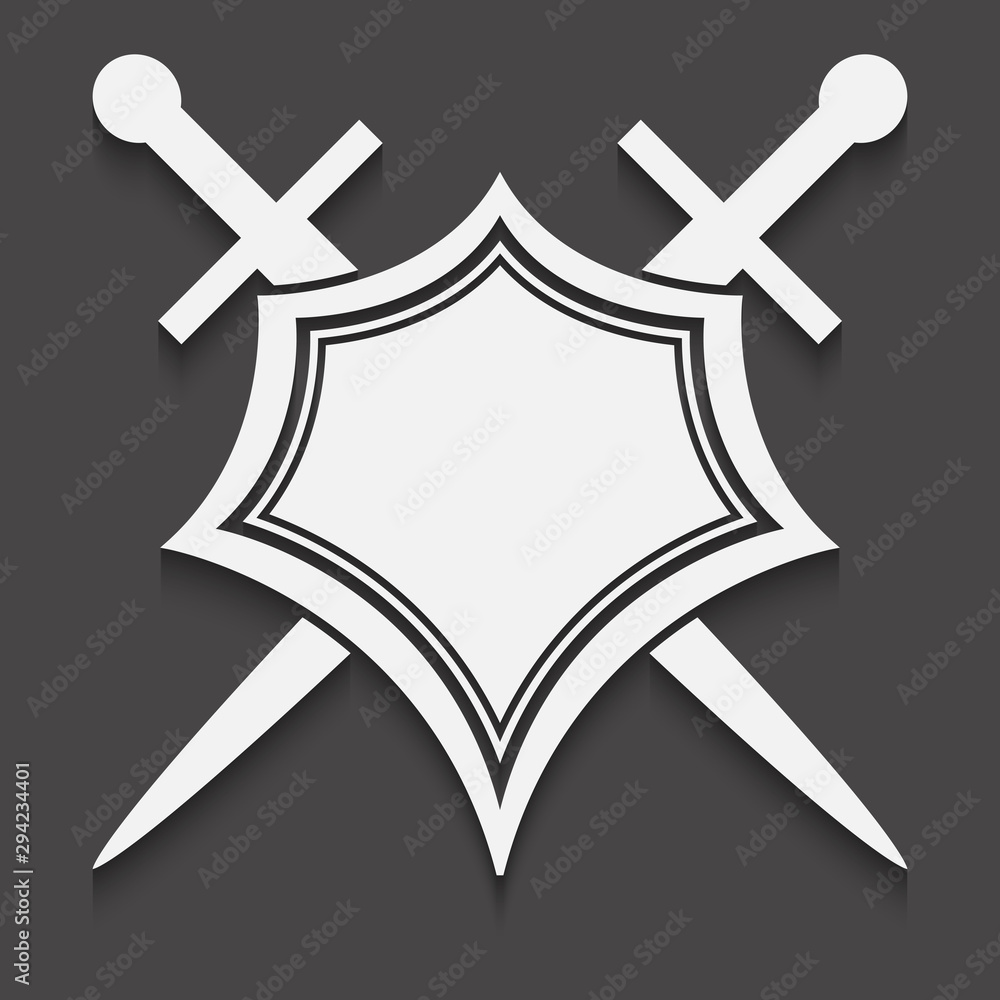 Aufkleber shield and sword icon on a black background with shadow.