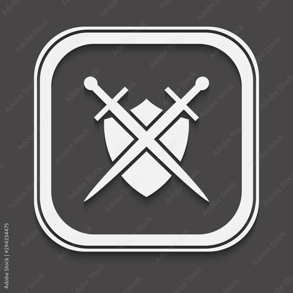 Poster shield and sword icon on a black background with shadow.