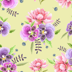 seamless pattern with bouquets of purple and pink flowers, on a beige background. illustration watercolor