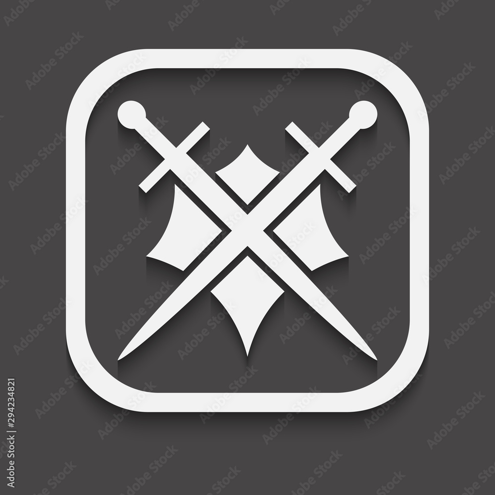 Poster shield and sword icon on a black background with shadow.