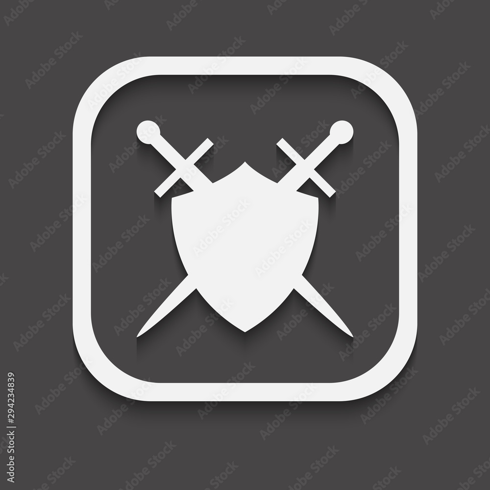 Poster shield and sword icon on a black background with shadow.