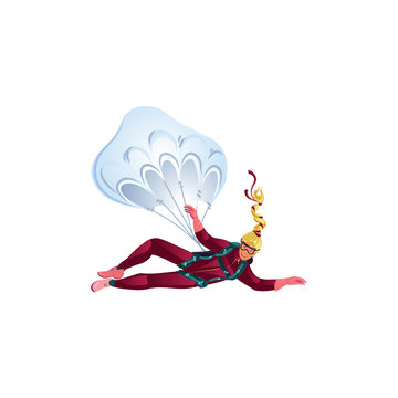 Happy parachuting girl in a red suit and protective goggles falling with a parachute. Vector illustration in a flat cartoon style.