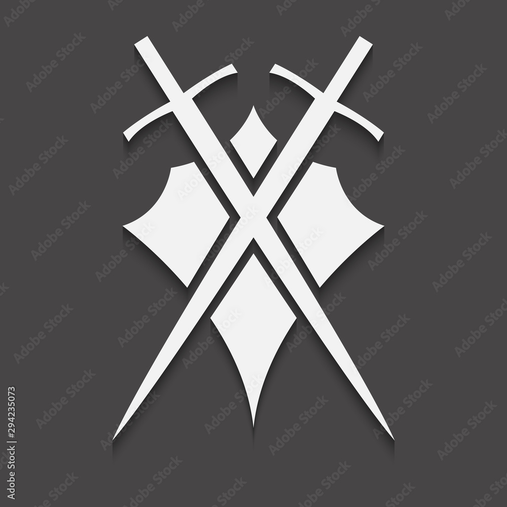 Poster shield and sword icon on a black background with shadow.