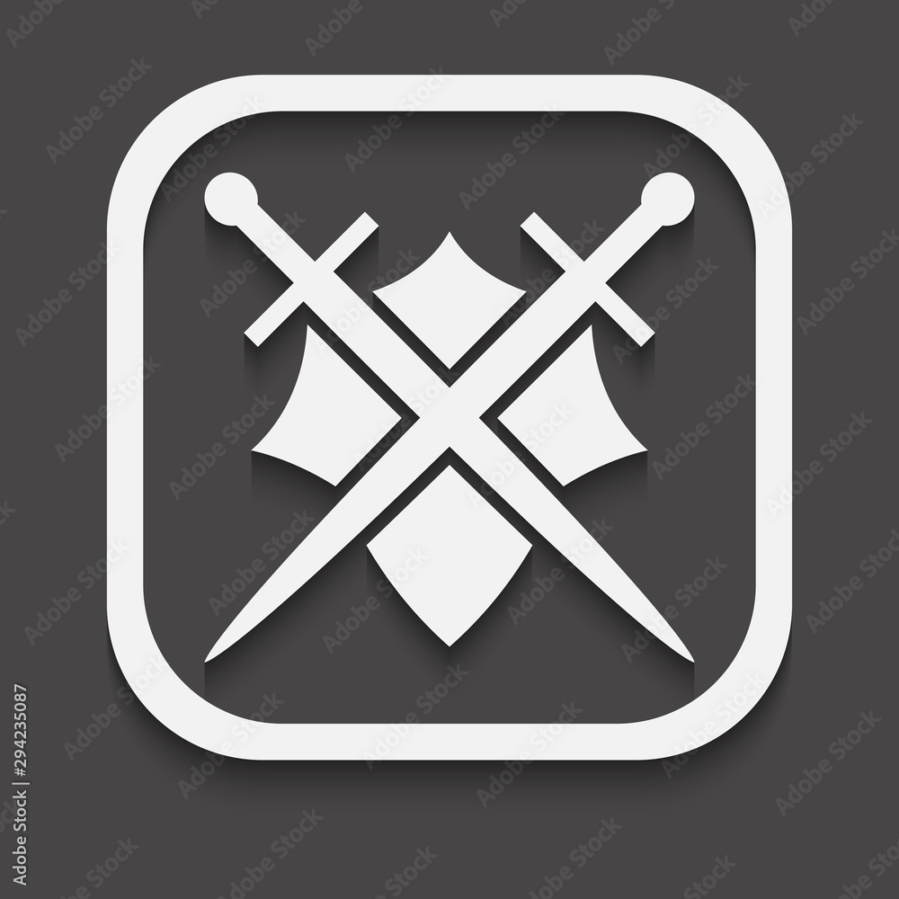 Poster shield and sword icon on a black background with shadow.