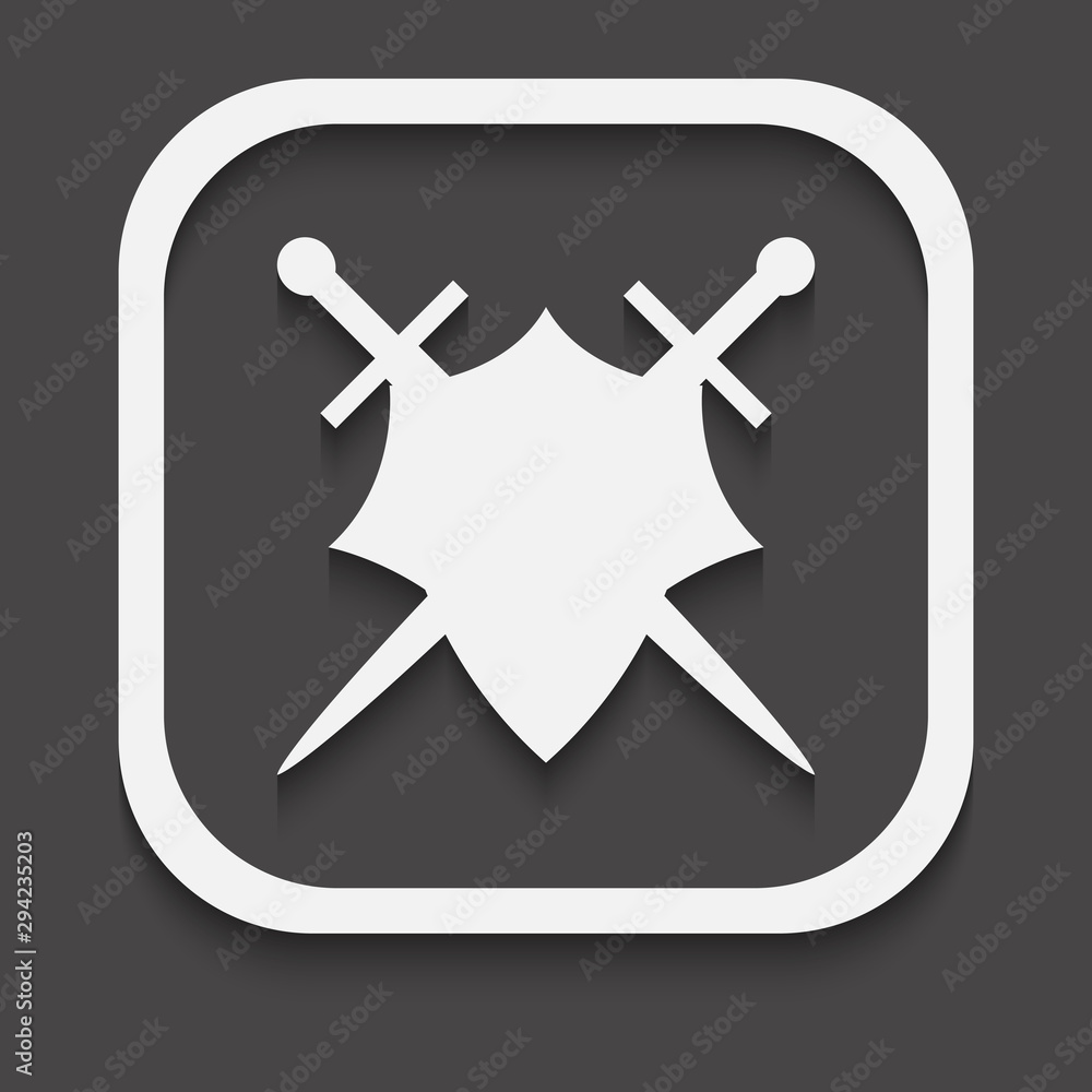 Poster shield and sword icon on a black background with shadow.
