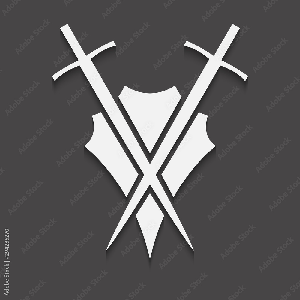 Poster shield and sword icon on a black background with shadow.
