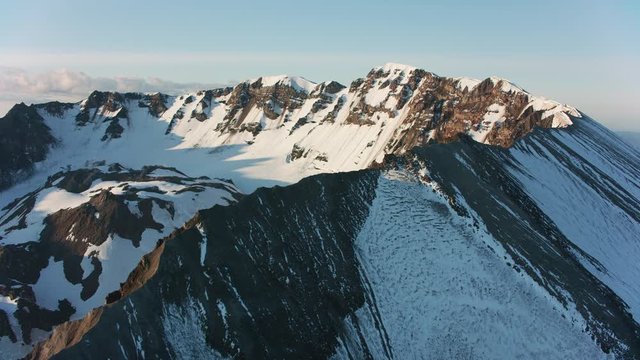 Mount Saint Helens, Washington circa-2019.  Aerial view of Mount Saint Helens.  Shot from helicopter with Cineflex gimbal and RED 8K camera.
