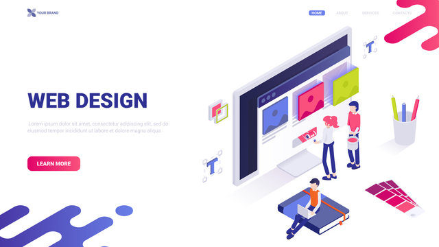 Web design, web developing, ui/ux and graphic design, interface and site creating concept. Trendy isometric illustration with characters for website, landing page, banner. Website header template.