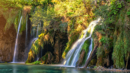 Fototapeta na wymiar Amazing panoramic waterfalls in forest 