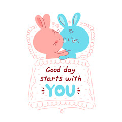 Obraz na płótnie Canvas Cute happy rabits couple sleep in bad. Good day starts with you card. Isolated on white background. Vector cartoon character illustration design,simple flat style. Rabits kiss,love,romantic concept