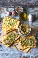 Homemade liver pate with spices and herbs. Healthy homemade food. Selective focus. Macro.