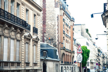houses on french streets of Paris. citylife concept, black balcony lace