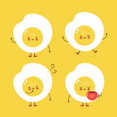 Cute happy fried egg set. Vector cartoon character illustration design,simple flat style. Fried egg character bundle, collection concept