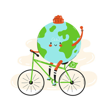 Cute happy smiling Earth planet riding bicycle.Isolated on white background. Vector cartoon character illustration design,simple flat style. Earth on bicycle character, eco transportation concept