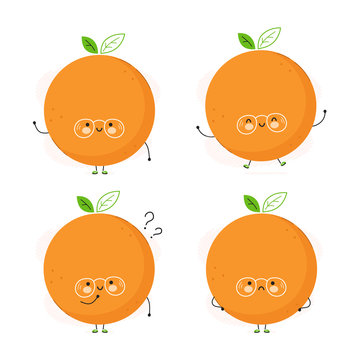 Cute happy orange fruit set. Isolated on white background. Vector cartoon character illustration design,simple flat style. Orange character bundle, collection concept