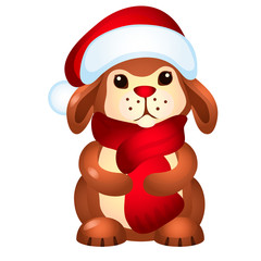 Little rabbit in Santa Claus hat isolated on white background. Sample of poster, party holiday invitation, festive banner, card. Vector cartoon close-up illustration.