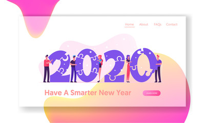Corporate New Year Celebration and Teamwork Concept for Website Landing Page. Tiny Business People or Colleagues Set Up 2020 Numbers of Puzzle Pieces Web Page Banner. Cartoon Flat Vector Illustration